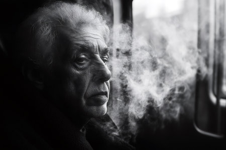 Thoughtful elderly man looking out a window with steam, captured in black and whiteの素材