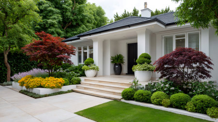 Elegant modern house featuring a meticulously landscaped front yard with colorful plants and manicured lawnの素材