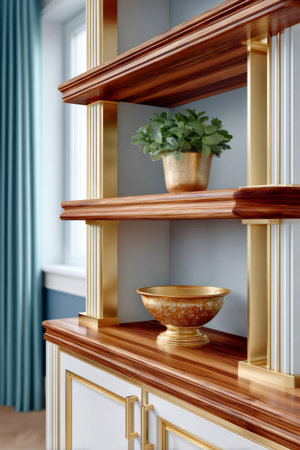 Elegant neoclassical shelving unit featuring golden columns, rich wood, a plant, and a decorative bowlの素材