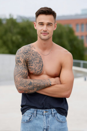 Confident man with arm tattoos wearing jeans posing shirtless with folded armsの素材