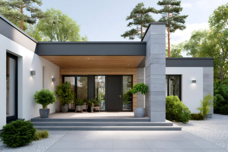 Contemporary residential home featuring a flat roof and natural material accents on a sunny dayの素材
