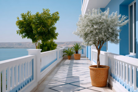 Long balcony with white railings, blue details, potted trees overlooking the sea on a sunny dayの素材