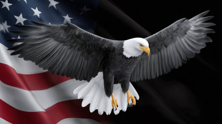 Bald eagle spreading wings against the backdrop of a rippling United States flag symbolizing freedomの素材