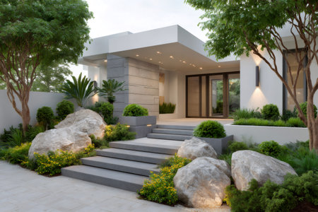 Modern house entrance featuring landscaping, large rocks, plants, and lit stairs, creating a welcoming approachの素材