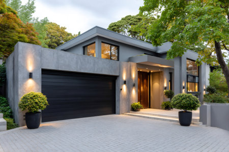 Contemporary residential house exterior featuring concrete walls, driveway, and illuminated entrance with garageの素材