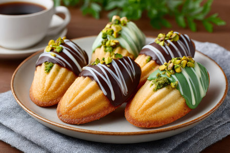 Madeleines with chocolate, white chocolate, and pistachio glaze, served with coffeeの素材