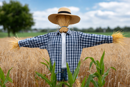 Scarecrow with straw hat and plaid shirt protecting a ripe agricultural crop fieldの素材
