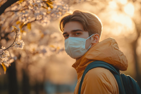Young man wearing a protective face mask and backpack in a park with cherry blossoms at sunsetの素材