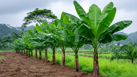 Banana plants thrive in neat rows across a vibrant tropical agriculture fieldの素材