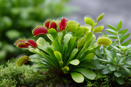 Venus flytrap plant growing with red and green carnivorous traps in natureの素材