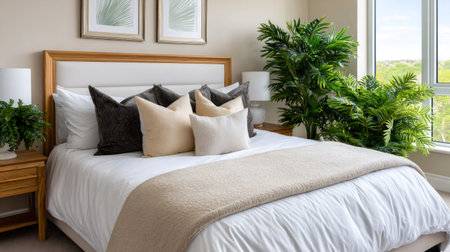 Bedroom showcasing a clean design, wooden furniture, and green plants next to a large windowの素材