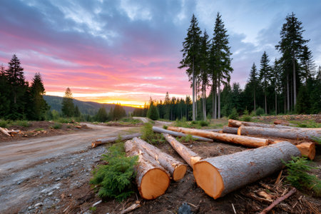 Timber logs lying on the ground after deforestation at sunset with a gravel roadの素材