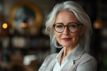 Woman with gray hair smiling, representing business, success, and experienceの素材