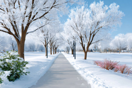 Winter park scene showing a walking path lined with hoarfrost-covered trees under a clear blue skyの素材