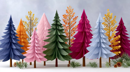 Group of vibrant papercraft trees and foliage decorated for the holiday seasonの素材