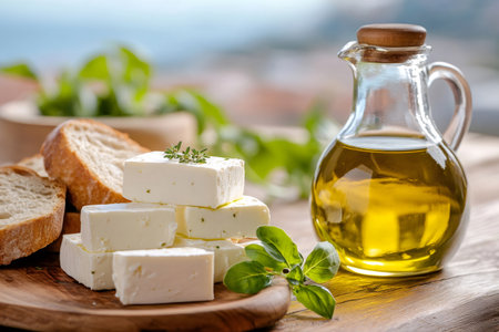 Feta cheese, olive oil, and fresh bread on a rustic wooden board depicting healthy eatingの素材