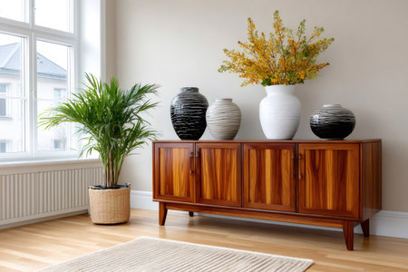 Retro wooden sideboard displaying decorative vases and a potted palm next to a windowの素材