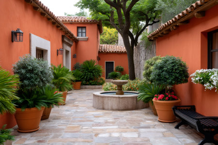 Charming Mediterranean courtyard featuring warm orange walls, lush plants, stone paving, and a decorative fountainの素材