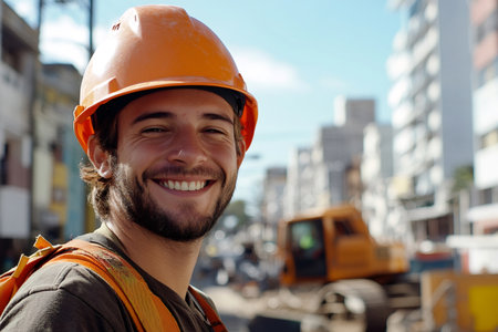 Young male construction worker smiling, wearing orange hard hat and safety vest on job siteの素材