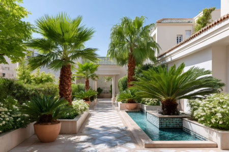 Villa courtyard featuring elegant landscape design with palm trees, rich greenery, and a tranquil water canalの素材