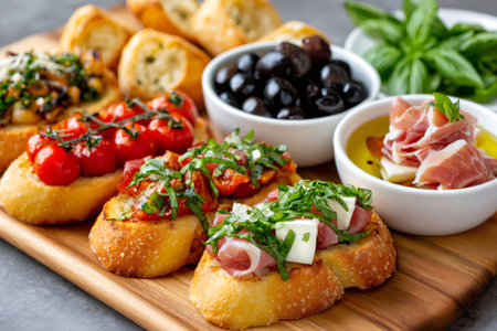 Appetizer platter showcasing various bruschetta types, olives, prosciutto, and basilの素材