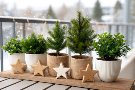 Small potted trees and wooden stars creating a festive Christmas decoration on a balconyの素材