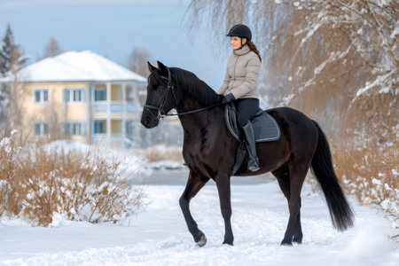Woman riding a black horse through a snowy winter landscape with a house in the backgroundの素材
