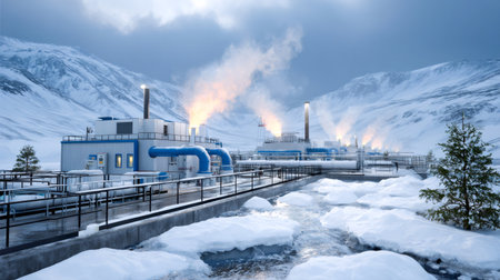 Industrial energy plant processing natural gas, operating in a cold, snowy, mountain environmentの素材