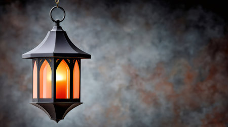 Lantern with a glowing candle hanging against a dark textured backgroundの素材