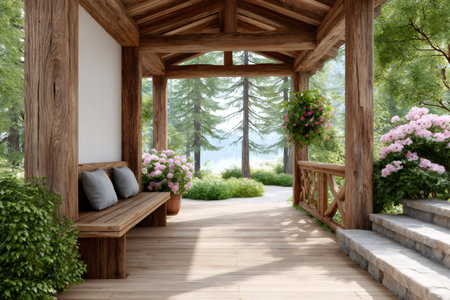 Rustic wooden porch providing a peaceful retreat overlooking a lush forest with blooming flowersの素材