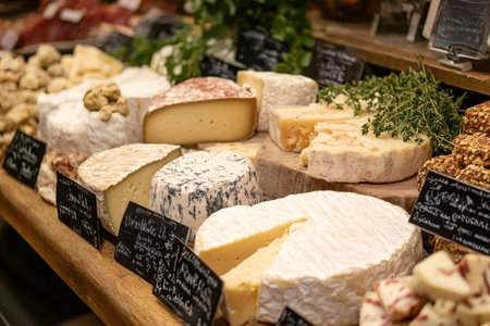 Variety of artisan cheeses and dairy products on display at an indoor market stallの素材