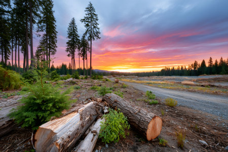 Cut logs and stumps littering a clearcut forest area under a dramatic sunsetの素材