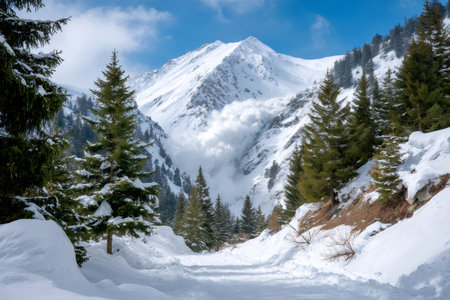 Avalanche of snow and ice tumbling down a steep mountain face through a forestの素材