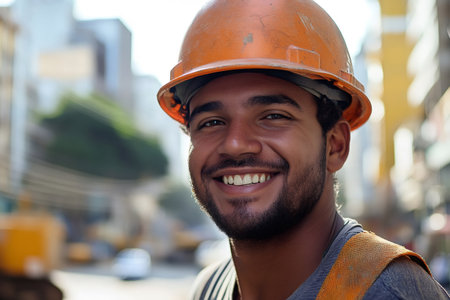 Happy construction worker smiling at camera, wearing protective hard hat and safety vestの素材