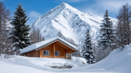 Wooden cabin nestled in a snowy mountain landscape with evergreen trees and blue skyの素材