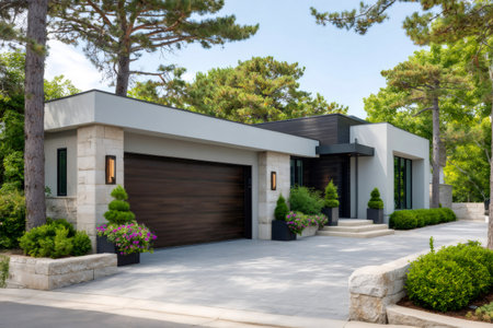 Modern stone and stucco home featuring a large garage, paved driveway, and lush landscapingの素材