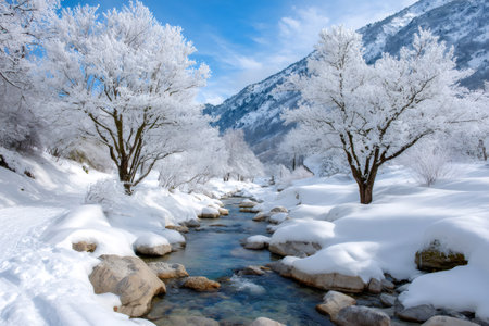 River flowing through a snow-covered valley with frost-laden trees and mountains under a blue skyの素材