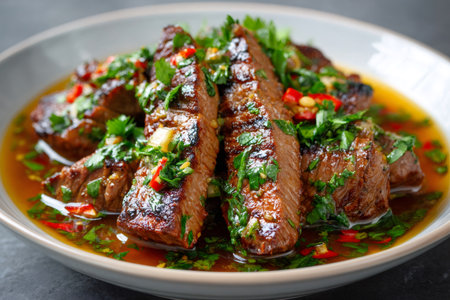 Grilled beef steak slices served with spicy chili lime sauce and fresh herbsの素材