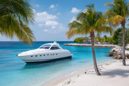 White luxury yacht anchored on a white sand beach with palm trees and turquoise oceanの素材