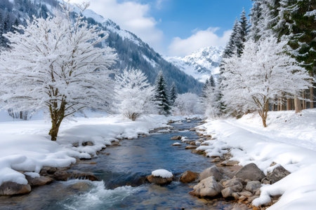 River water flowing through snow-covered trees and mountains during a sunny winter dayの素材