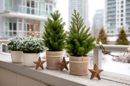 Balcony plants and small Christmas trees covered in snow adding festive cheer to a city buildingの素材