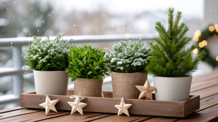 Potted evergreens with wooden stars creating a festive Christmas atmosphere on a snowy balconyの素材