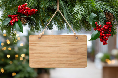 Blank wooden sign hanging from festive pine branches with red berries and pineconesの素材