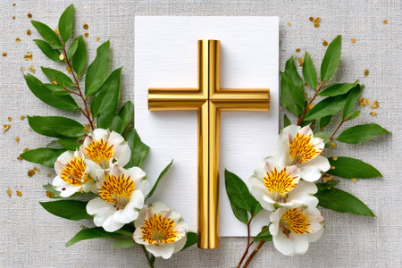 Golden Christian cross centerpiece with white alstroemeria flowers, green leaves, and gold glitterの素材