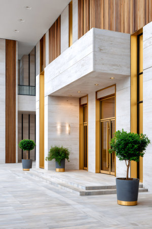 Building entrance showcasing modern architecture with sleek marble, natural wood, and elegant gold detailsの素材