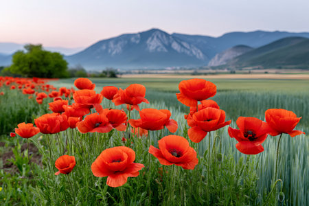 Red poppy flowers growing in a lush green field under a clear sky with distant mountainsの素材