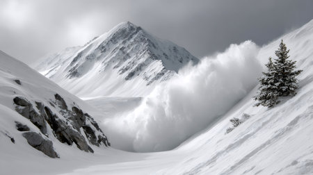 Powerful avalanche creating a cloud of snow while moving through winter mountainsの素材