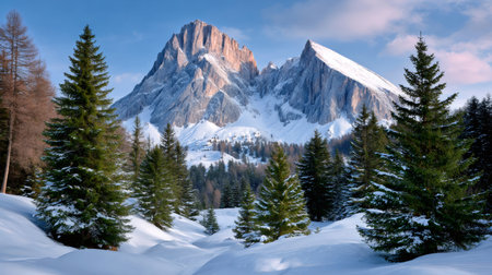Snow covering mountains and pine trees in the Italian Alpsの素材