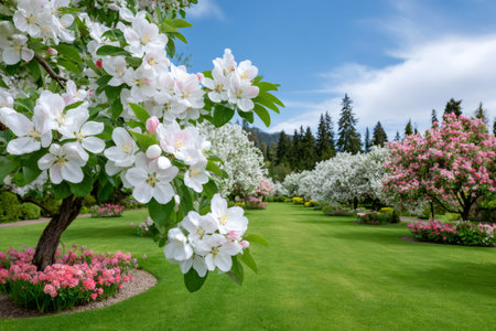 White and pink apple blossoms blooming on trees in a vibrant spring garden under blue skyの素材
