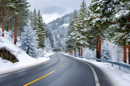 Winding road curving through a snow-covered forest during winterの素材